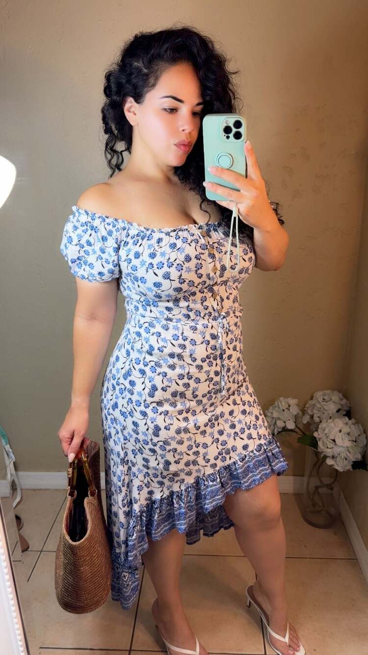New Look Blue and White Floral Off-The-Shoulder High-Low Midi